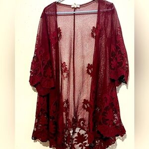 Maurices Medium Lightweight Burgundy Open Front Sheer Lace Kimono